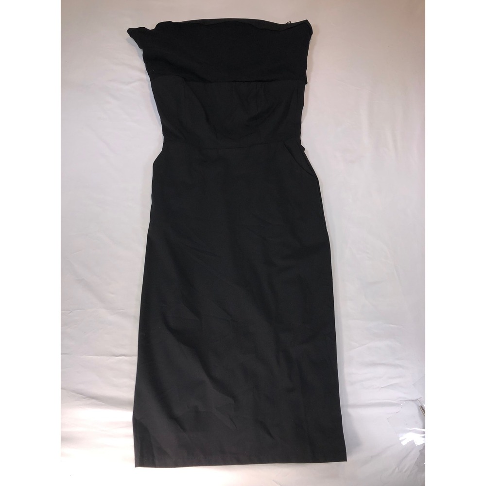 Lulus Black Strapless Midi Dress Fold Over Neckline Pockets Size Medium